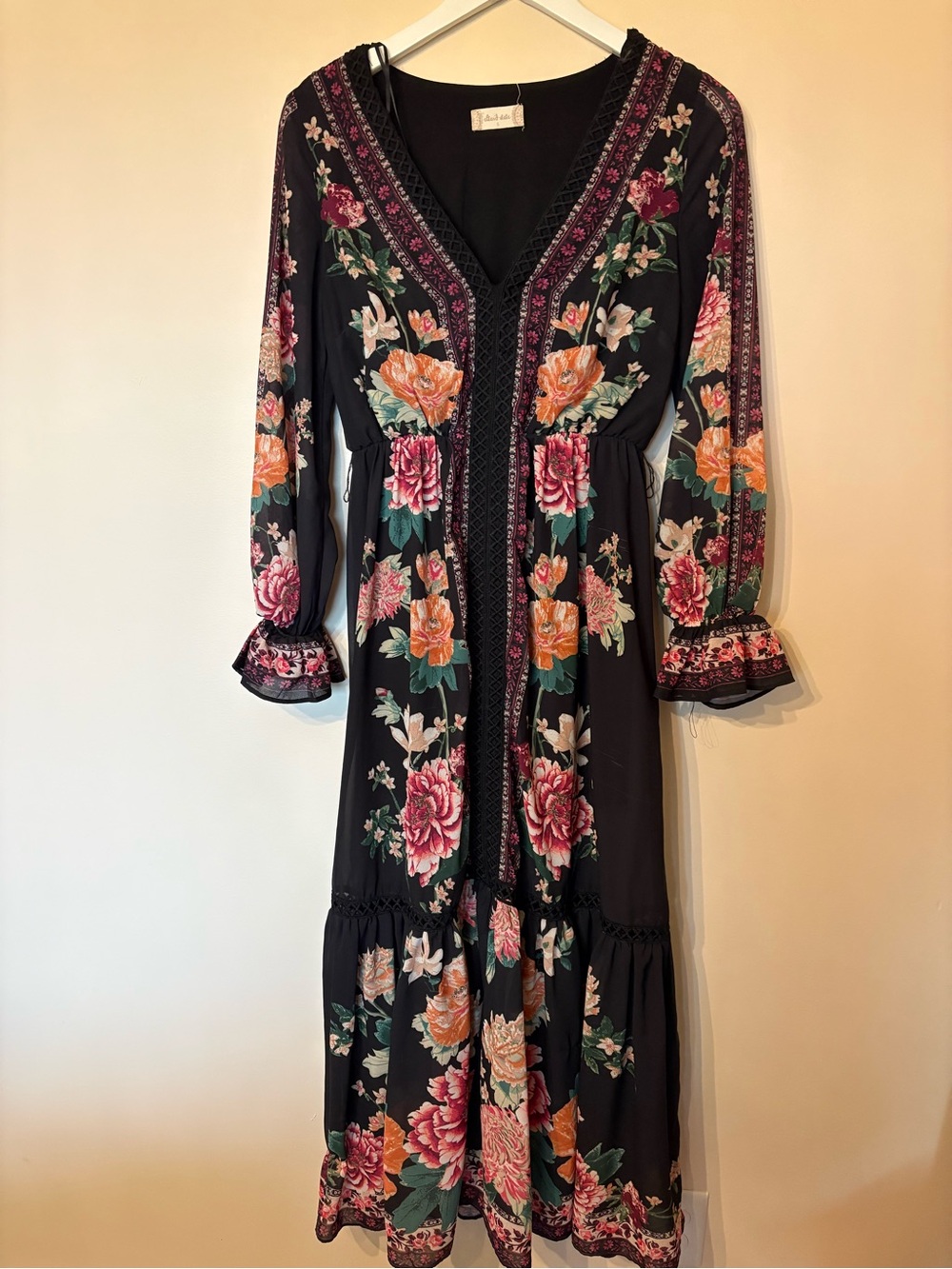 Altar'd State Black Floral V-Neck Tiered Maxi with Pink and Orange Blooms - Picture 2 of 7